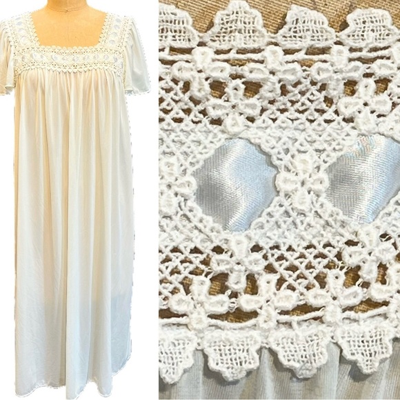 Vintage Other - VINTAGE‎ nylon crochet lace ribbon silky nightgown flutter sleeve midi lingerie
